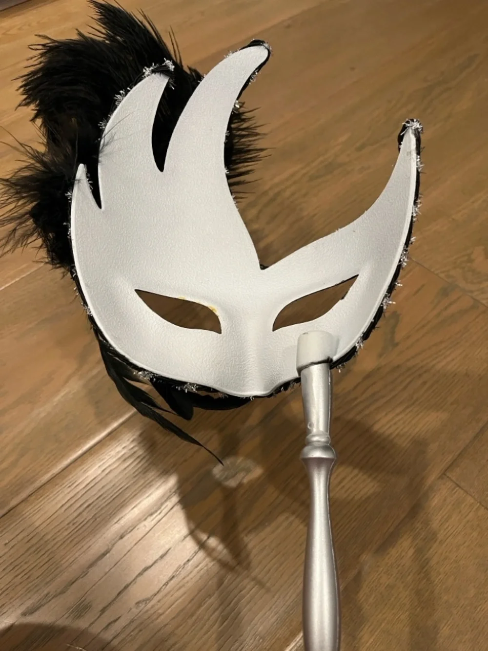 Black & Silver Venetian Glittered Mask with Stick